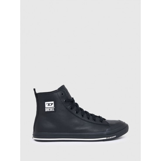 Diesel S-Astico Mid Cut High-Top Sneakers In Leather With D Logo Black