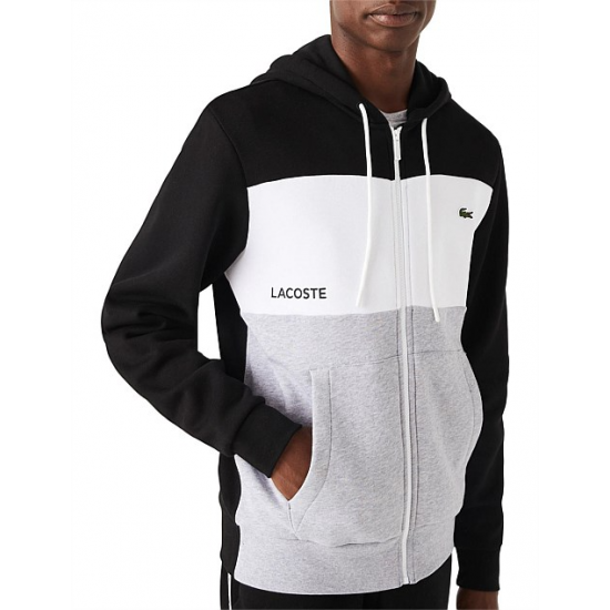 Lacoste Colour Block Zip Front Hoodie Black/White/Grey