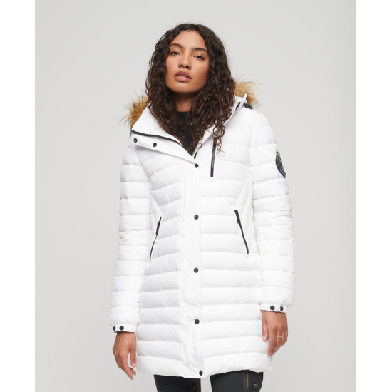 Superdry Fuji Hooded Mid Length Puffer Coat White