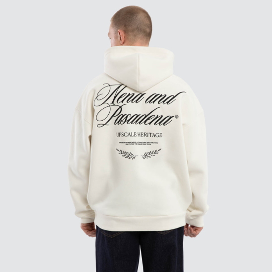 Nena and Pasadena Etiquette Box Fit Hoodie Natural White