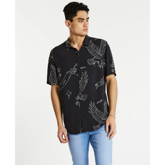 Kiss Chacey Songbird Relaxed Short Sleeve Shirt Black/White Print
